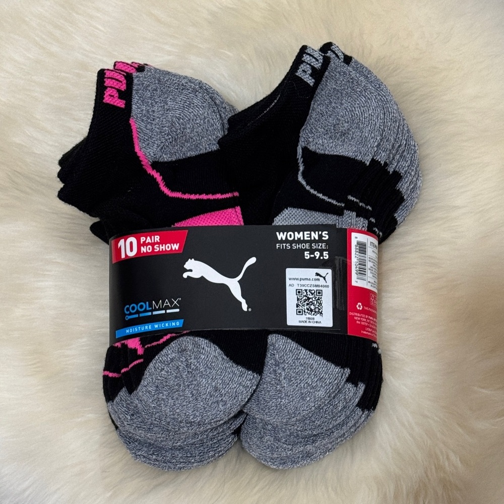 NWT Puma Women’s 10-Pack No-Show Socks Black w Gray Blue Pink Accents Size 5-9.5 - Picture 3 of 3